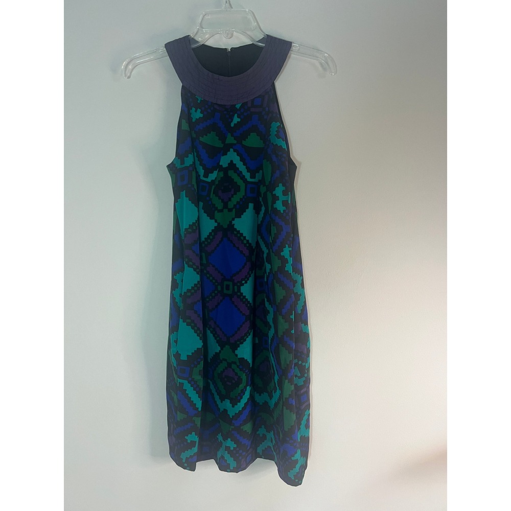Nicole‎ Miller Collection Silk Geometric Halter Shift Dress BN0219 Blue Green 6